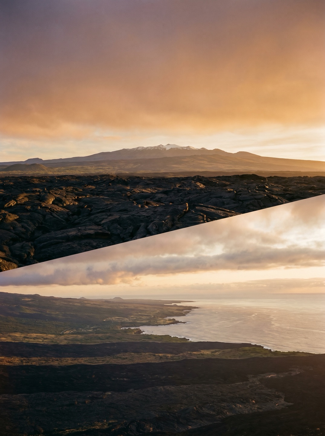 Lava fields below Mauna Kea at sunset on Hawaiʻi Island
