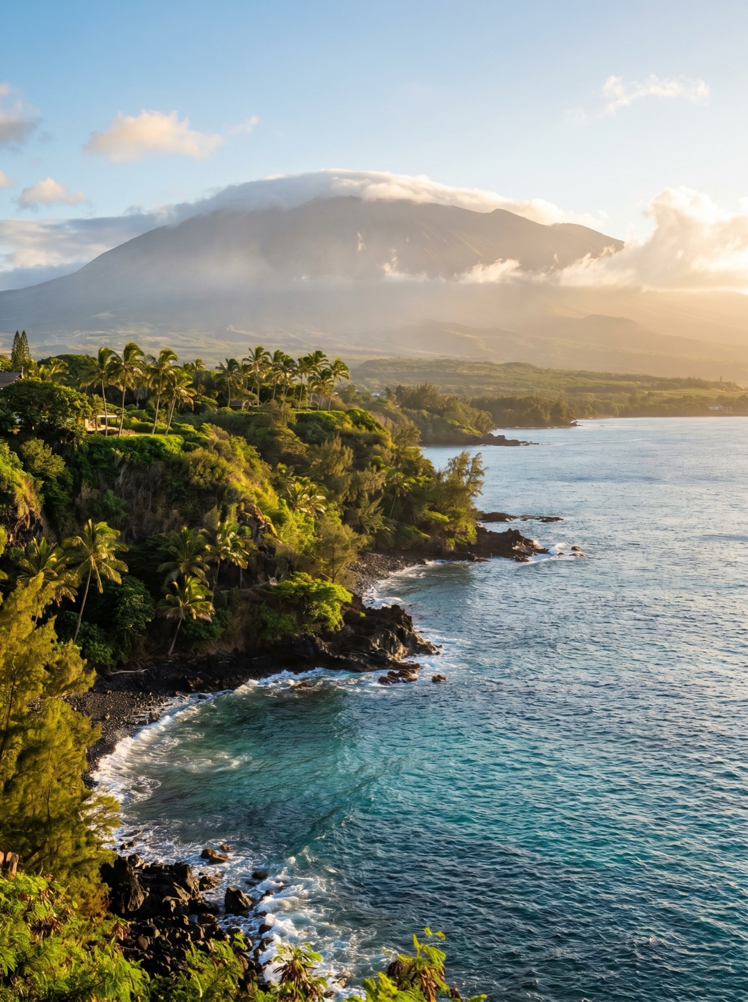 Green sea cliffs and palms above a cove on Maui at golden hour