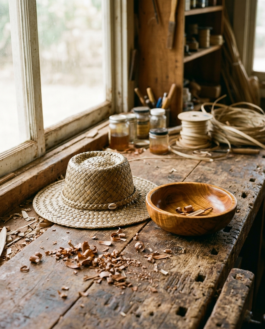 Woven lauhala and a turned koa bowl on a workbench