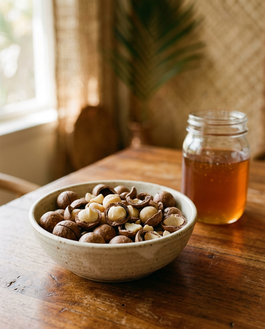Cracked macadamia nuts in a ceramic dish on koa wood with a honey jar