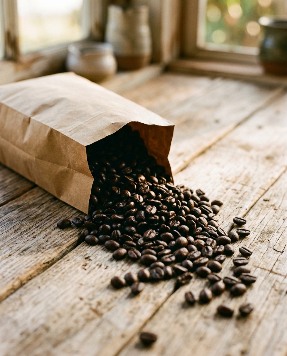 Roasted Kona coffee beans cupped in two hands over a kraft bag