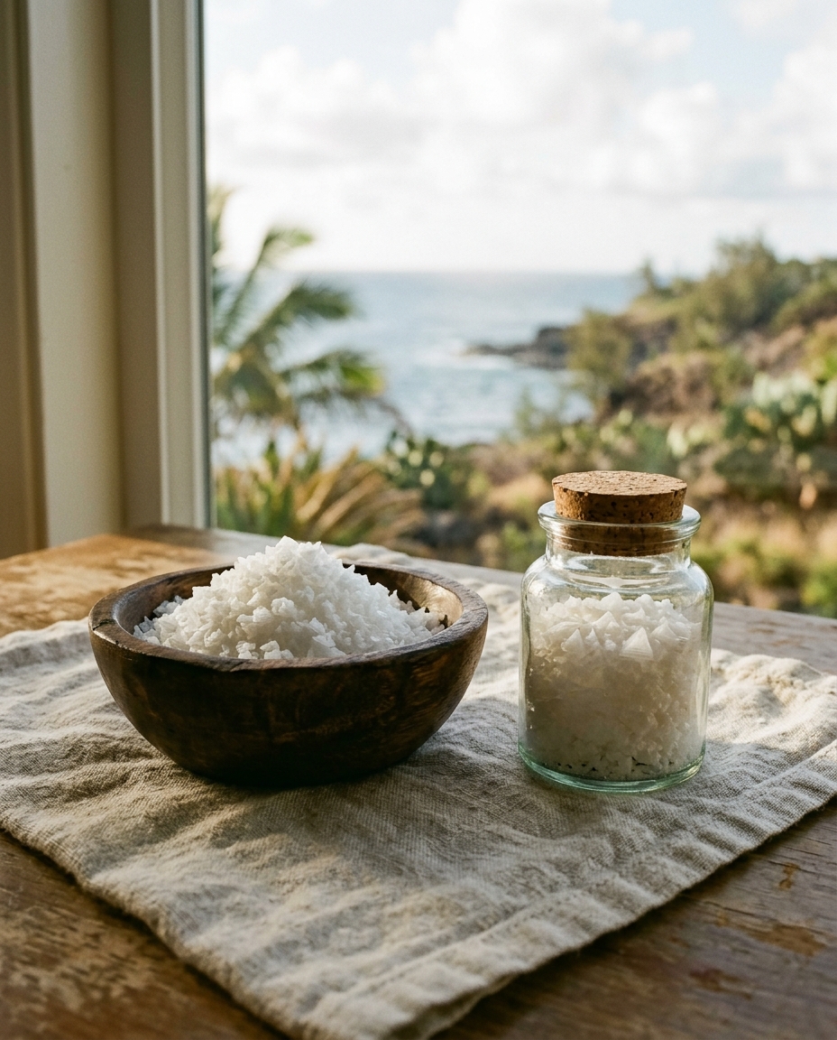 Flaky white sea salt in a wooden bowl beside a small glass jar