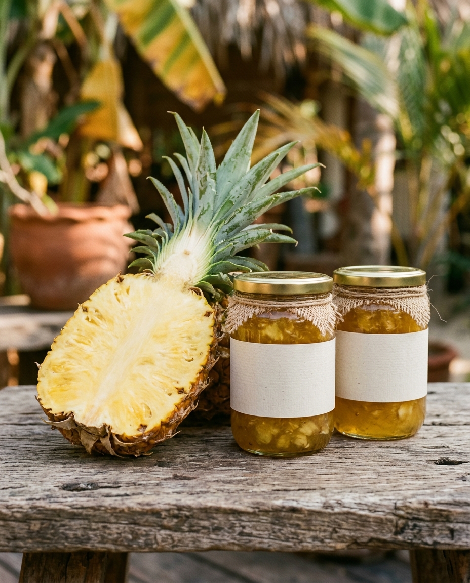 Halved golden pineapple beside jars of pineapple preserve