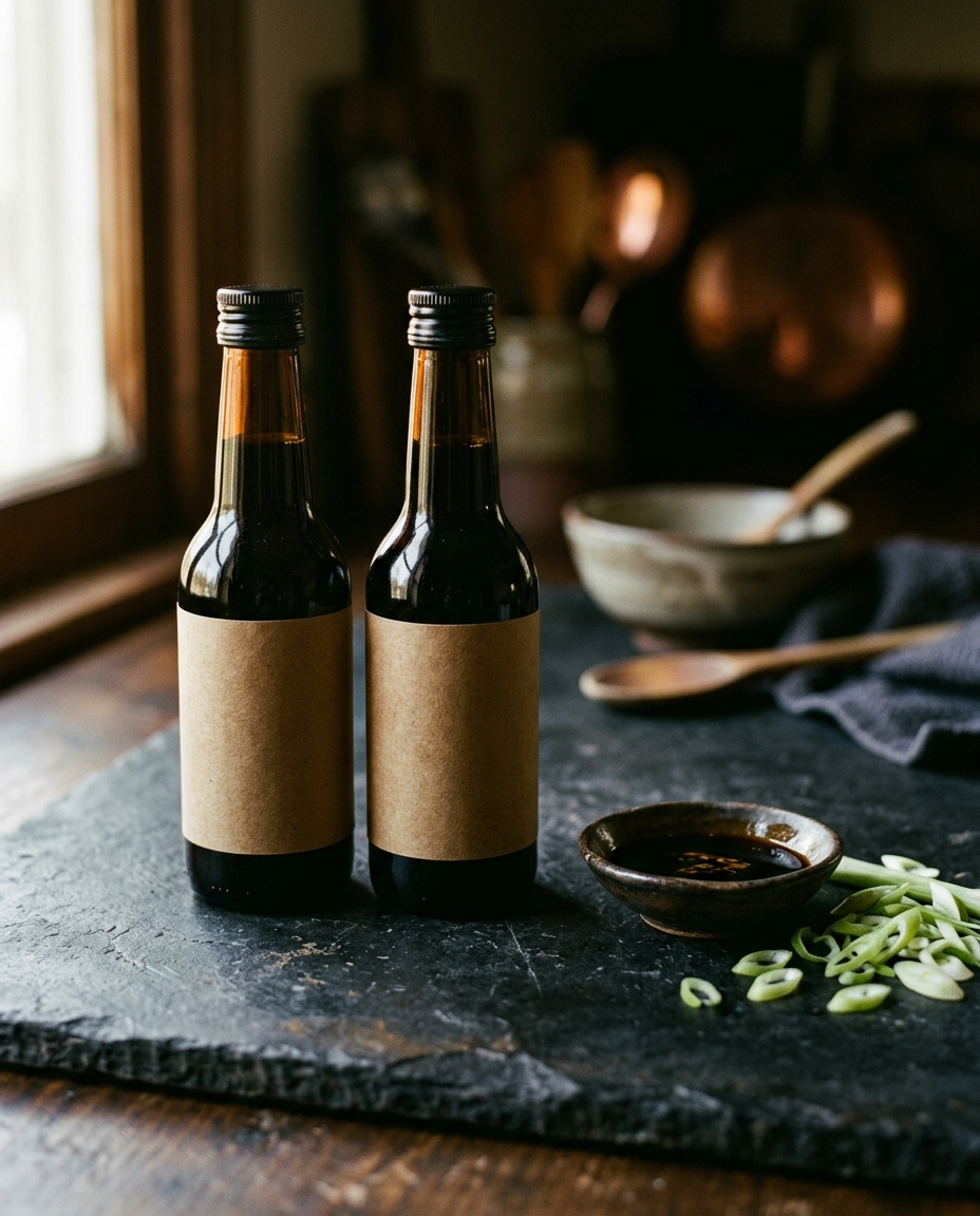 Dark glass bottles of shoyu and poke sauce on a kitchen counter
